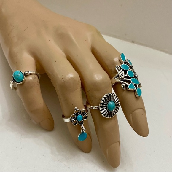 Vintage 4pc Silver Tone- Faux Turquoise Rings (A) - Picture 2 of 11